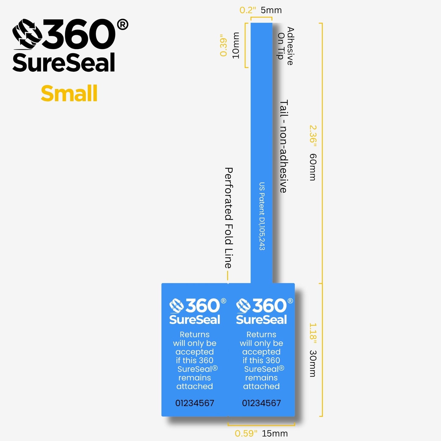 360 SureSeal small tamper-evident return integrity tag technical diagram for secure product tagging