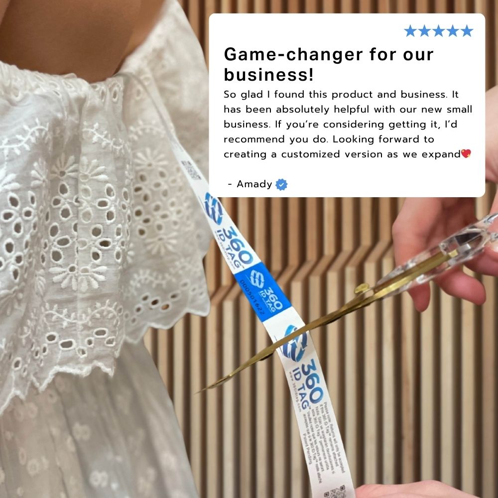 E-commerce return security tag tamper evident seal void on dress to prevent return fraud like wardrobing, wear and return, counterfeit product switches and tag switches. 360 ID Tag.