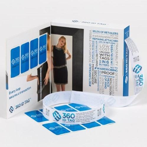 E-commerce return security tag. Prevent return fraud like wardrobing, wear and return, counterfeit product switches and tag switches. Add return tag to clothing, shoes, accessories to stop fraudulent returns. 360 ID Tag.