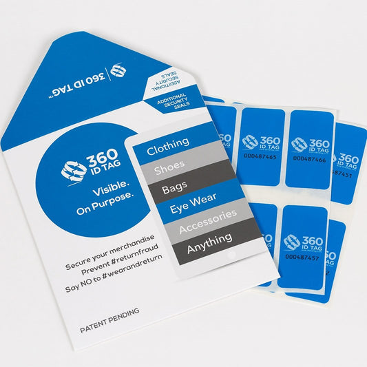 E-commerce return security tag with tamper-evident security seals VOID. Prevent return fraud like wardrobing, wear and return, counterfeit product switches and tag switches. Add return tag to clothing, shoes, accessories to stop fraudulent returns. 360 ID Tag.