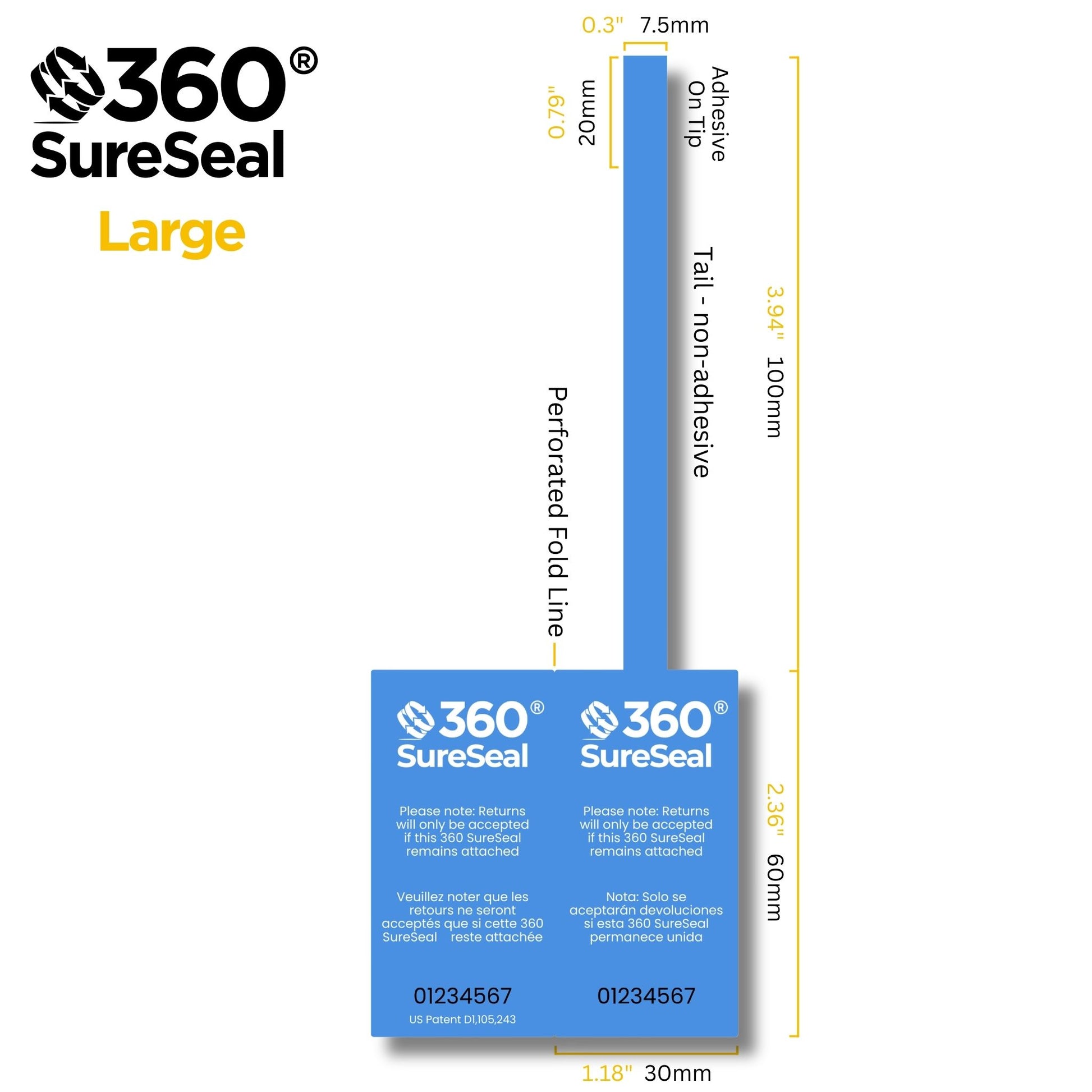 large tamper-evident return integrity seal dimensions 360 SureSeal with adhesive tip non-adhesive tail and perforated fold line