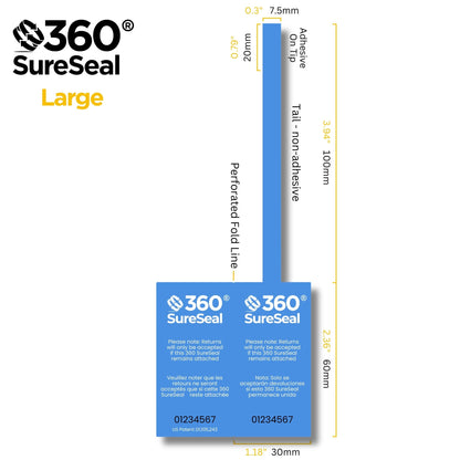 large tamper-evident return integrity seal dimensions 360 SureSeal with adhesive tip non-adhesive tail and perforated fold line
