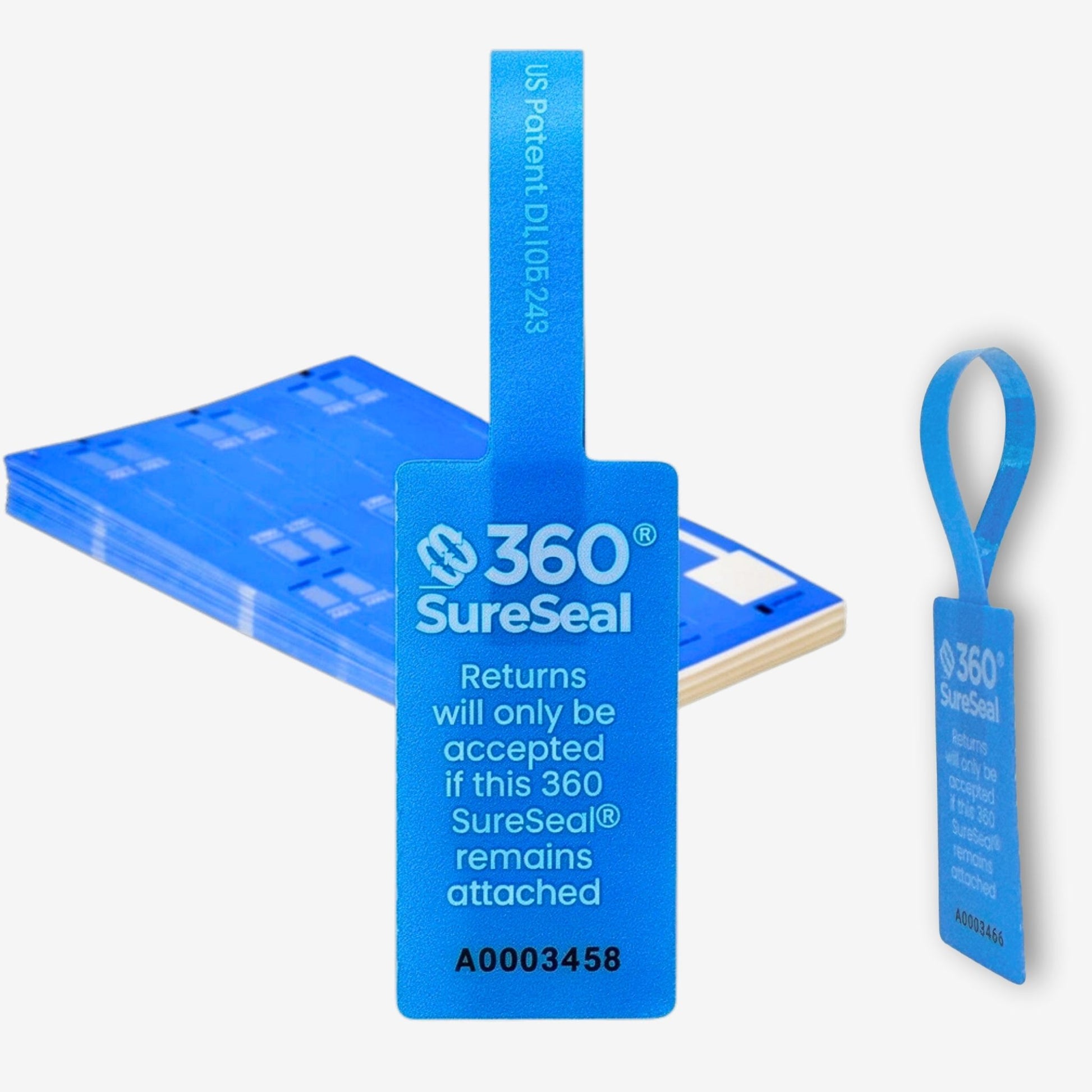 360 SureSeal small tamper-evident return integrity tags on backing sheets. For e-commerce return fraud prevention