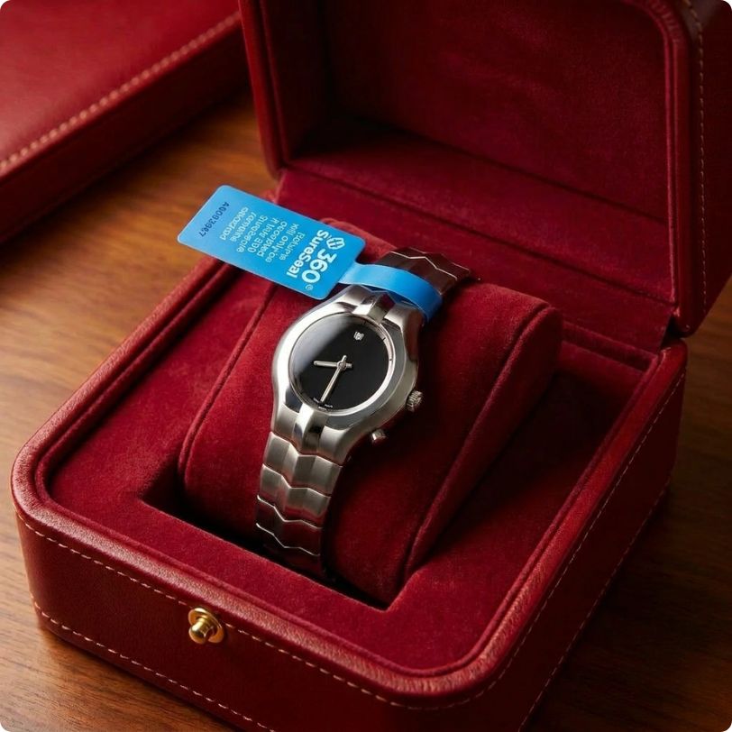 Watch with tamper-evident return integrity tag 360 sureseal