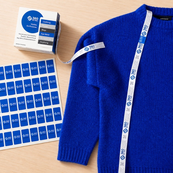 E-commerce return security tag on sweater apparel. Prevent return fraud 360 ID Tag return integrity solution