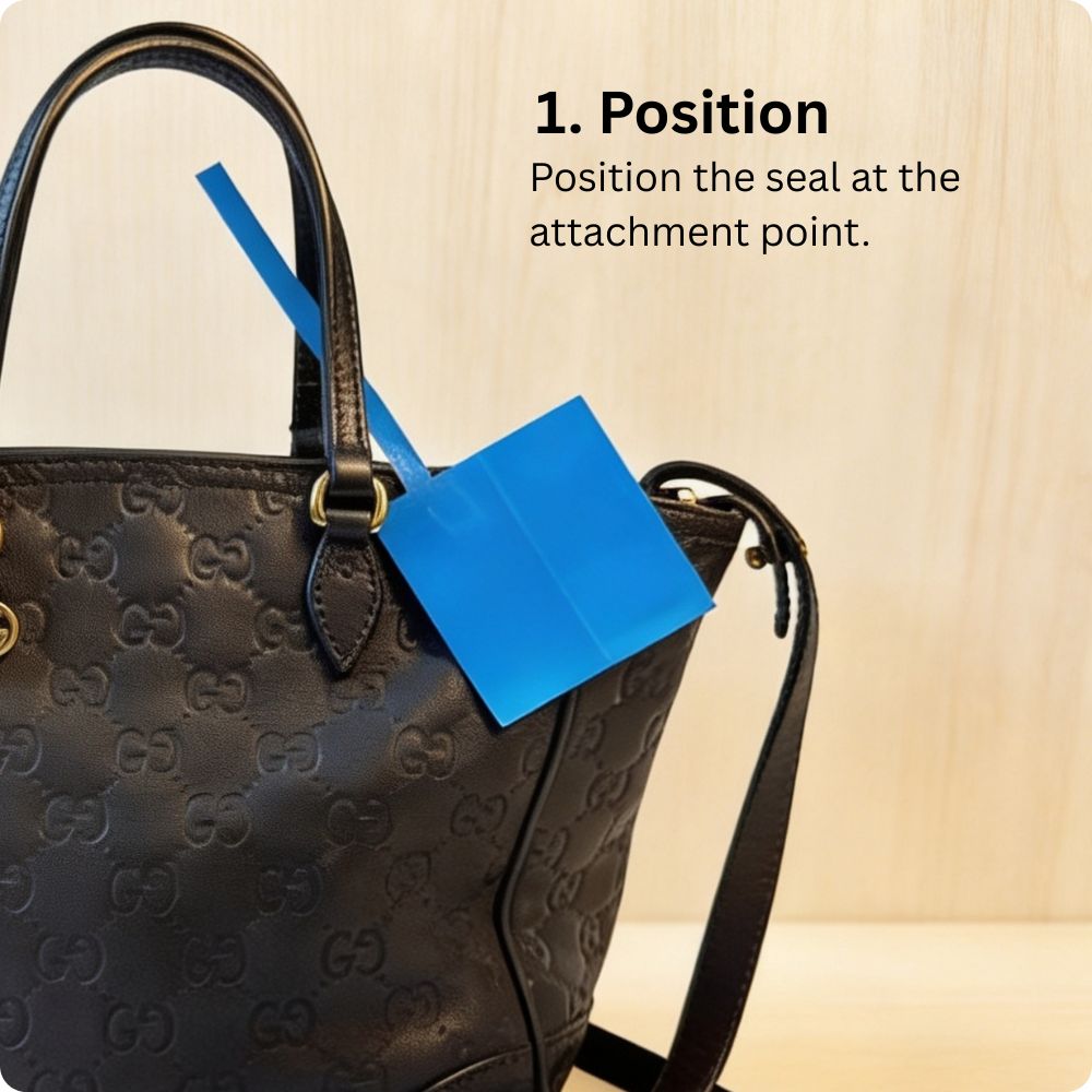 Attaching a 360 SureSeal Large to a handbag to stop e-commerce return fraud. Return integrity tag.