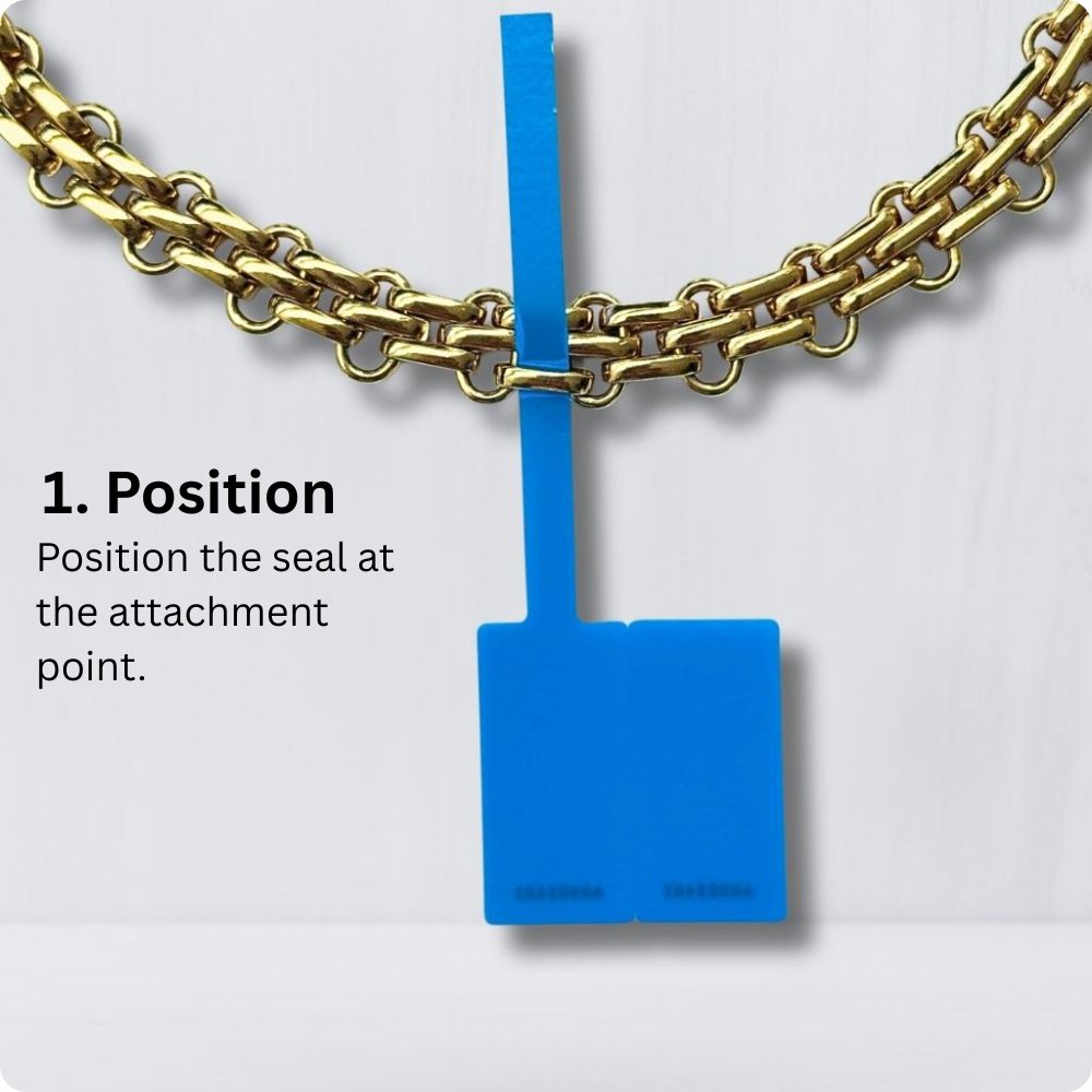 Attaching a 360 SureSeal Small to jewelry accessory to stop e-commerce return fraud. Return integrity tag.