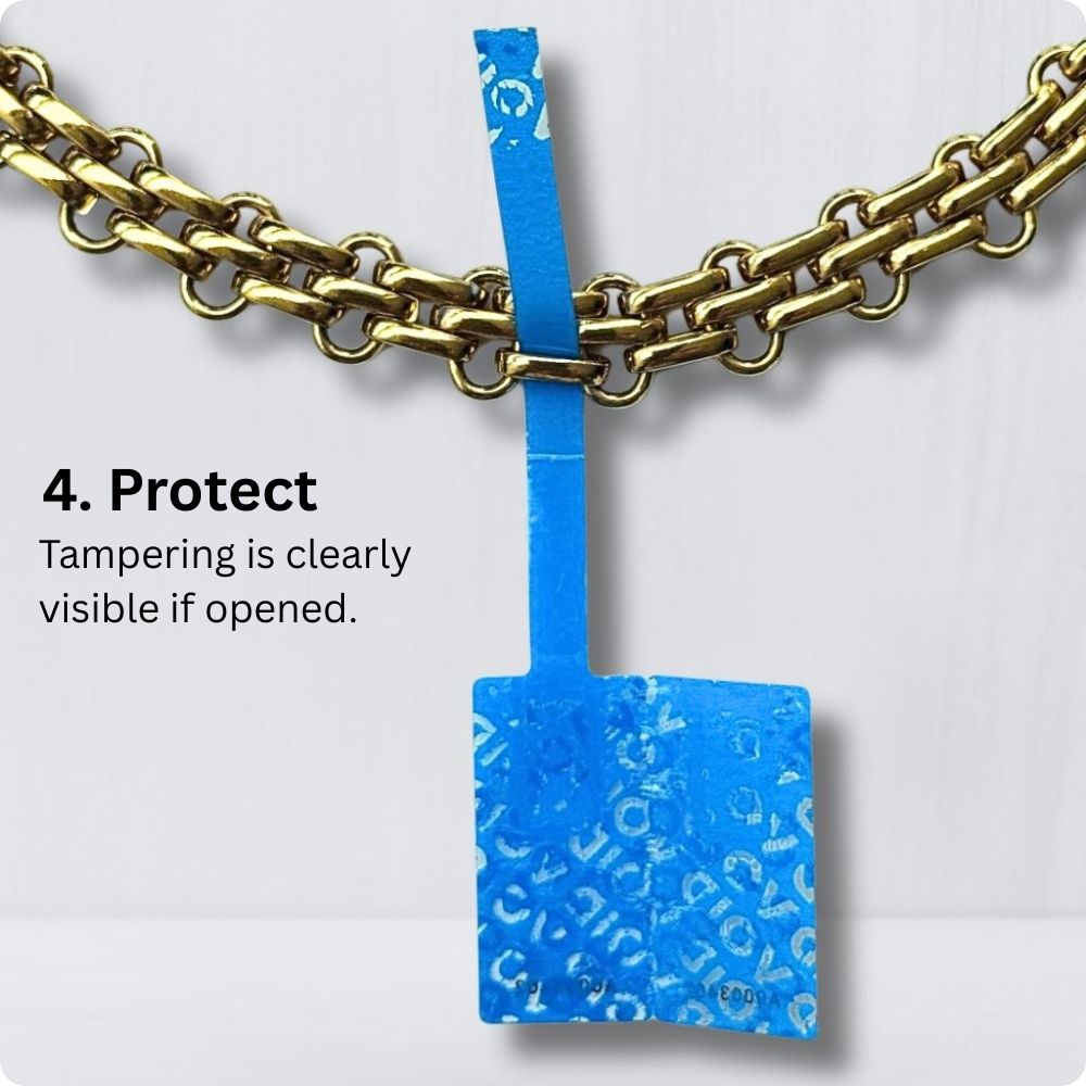 Attaching a 360 SureSeal Small to jewelry accessory to stop e-commerce return fraud. Return integrity tag.
