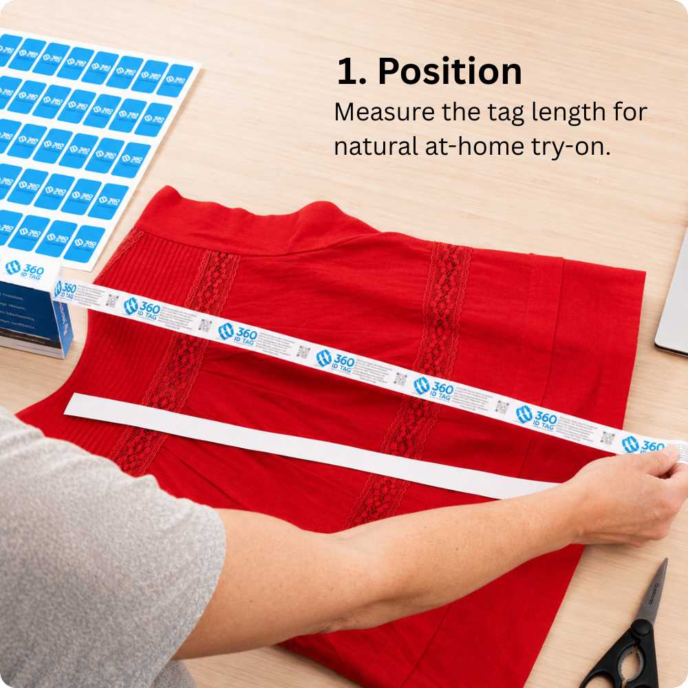 Attaching a 360 ID Tag to a blouse to stop e-commerce return fraud. Return integrity tag.