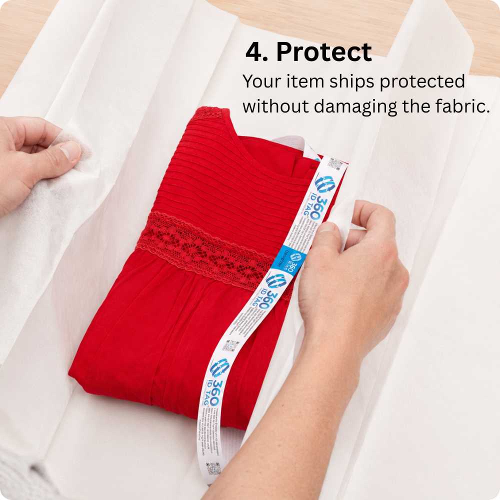 Attaching a 360 ID Tag to a blouse to stop e-commerce return fraud. Return integrity tag.