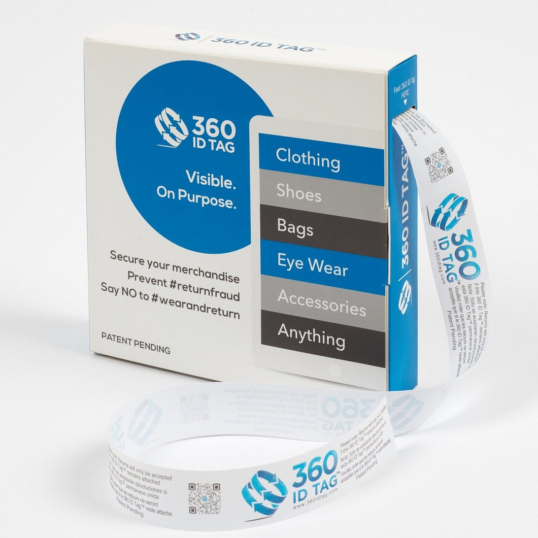 E-commerce return security tag with return policy. Prevent return fraud like wardrobing, wear and return, counterfeit product switches and tag switches. Add return tag to clothing, shoes, accessories to stop fraudulent returns. 360 ID Tag.