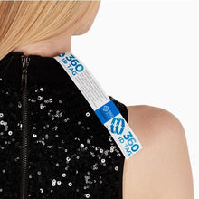 Load image into Gallery viewer, E-commerce return security tag on dress. Prevent return fraud like wardrobing, wear and return, counterfeit product switches and tag switches. Add return tag to clothing, shoes, accessories to stop fraudulent returns. 360 ID Tag.