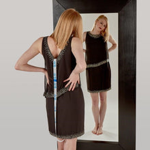 Load image into Gallery viewer, E-commerce return security tag on dress. Prevent return fraud like wardrobing, wear and return, counterfeit product switches and tag switches. Add return tag to clothing, shoes, accessories to stop fraudulent returns. 360 ID Tag.
