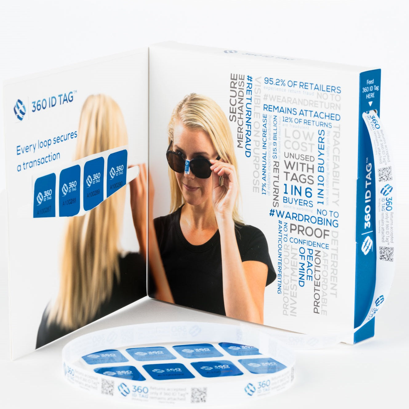 E-commerce return security tag pack. Prevent return fraud like wardrobing, wear and return, counterfeit product switches and tag switches. Add return tag to clothing, shoes, accessories to stop fraudulent returns. 360 ID Tag.