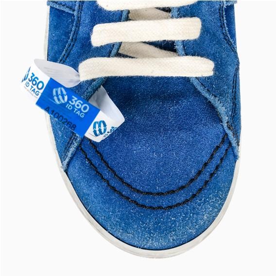 Shoe security tag. Sneaker security tag. E-commerce return security tag. Prevent return fraud like wardrobing, wear and return, counterfeit product switches and tag switches. Add return tag to clothing, shoes, accessories to stop fraudulent returns. 360 ID Tag.